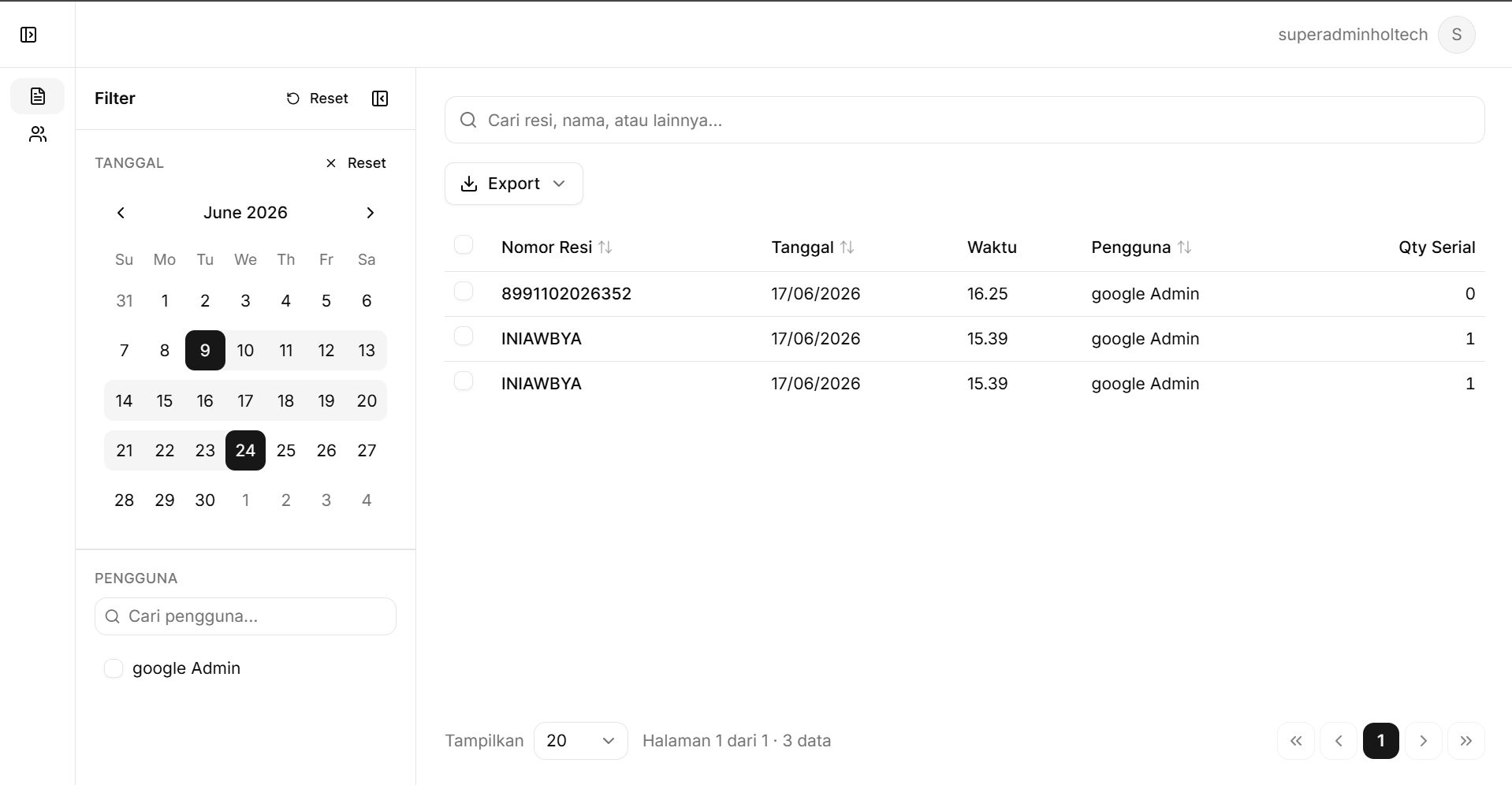 Dashboard BUTO menampilkan daftar resi, tanggal, waktu, dan jumlah nomor serial yang tercatat