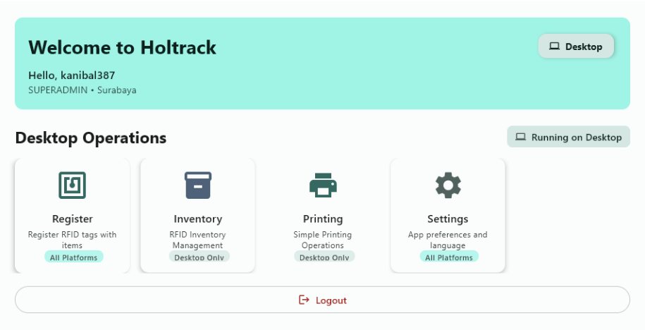 Holtrack desktop home screen: Register, Inventory, Printing, and Settings